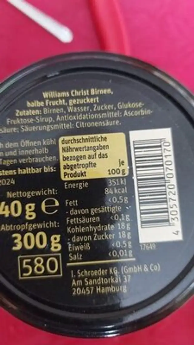 Birnen im Glas ingredients label