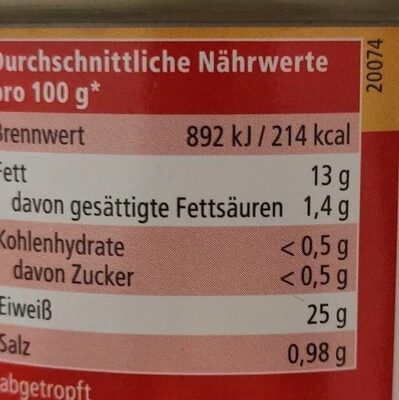 Thunfischfilet in Öl nutrition facts table