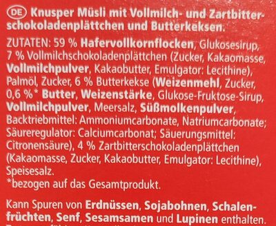 Knusper Schoko Keks Müsli ingredients label