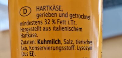 Hartkäse gerieben ingredients label