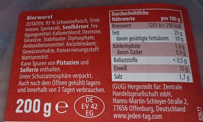 Bierwurst ingredients label