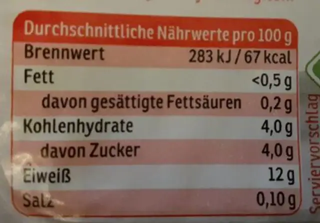 Quark nutrition facts table