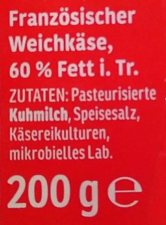 Französischer Weichkäse ingredients label
