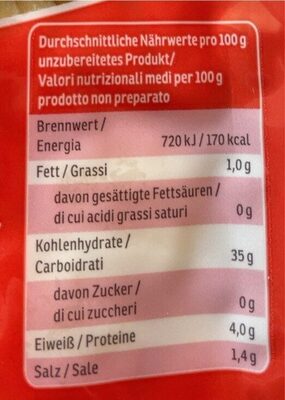Gnocchi nutrition facts table