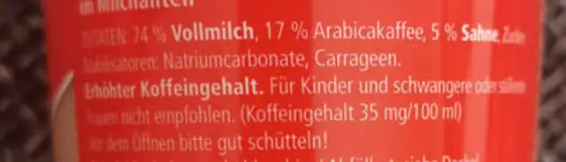 Caffè Latte ingredients label