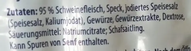 Original Nürnberger Rostbratwürste ingredients label