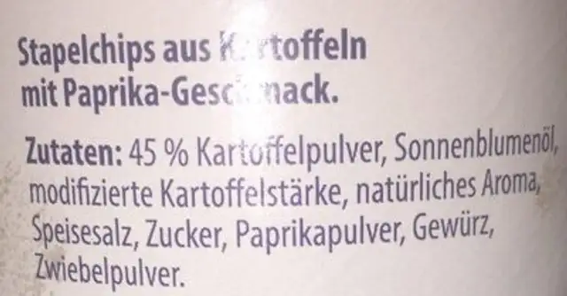 Stapel chips paprika ingredients label