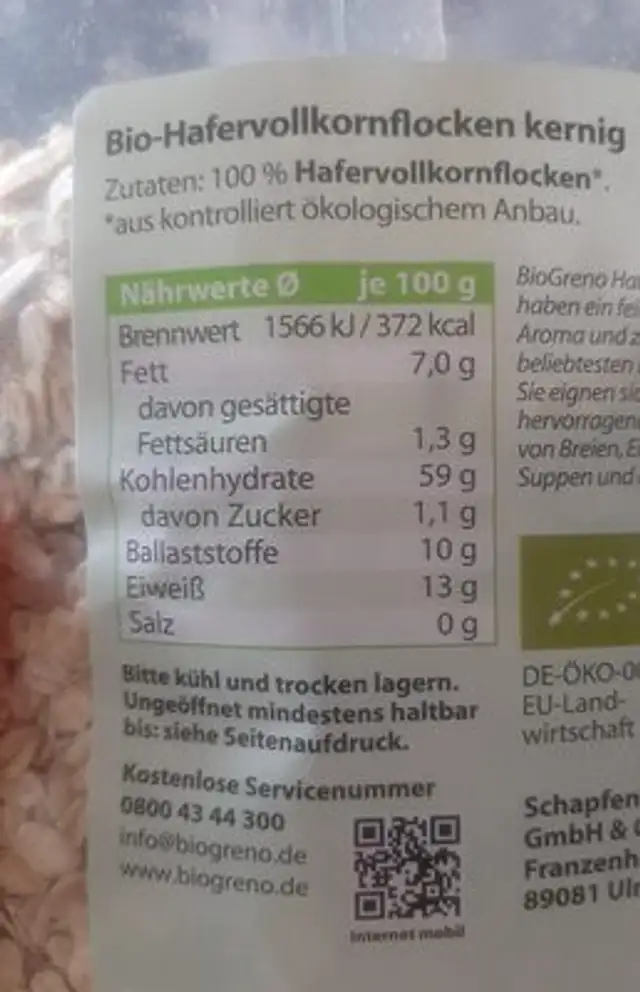 Bio Haferflocken kernig ingredients label