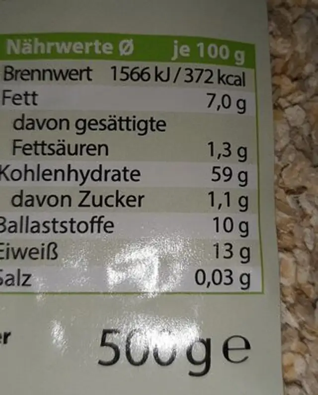 Bio Haferflocken zart ingredients label