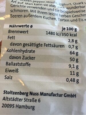 Goji Beeren nutrition facts table