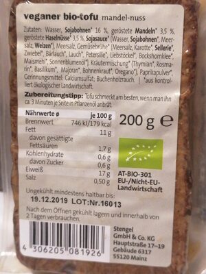 Veganer Tofu Mandel-Nuss ingredients label
