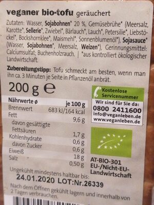 Veganer Tofu geräuchert ingredients label