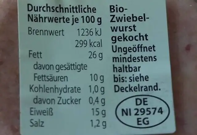 Bio Zwiebelwurst nutrition facts table