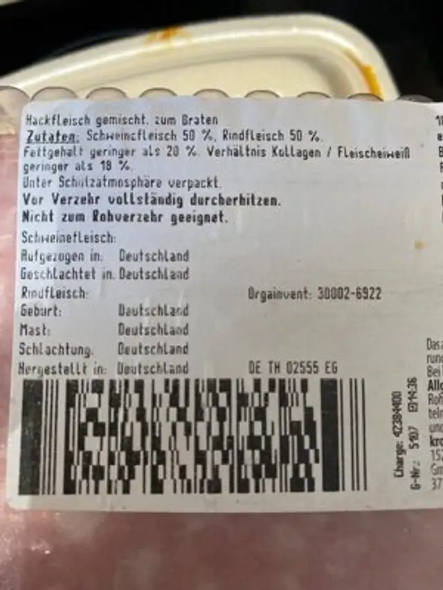 Hackfleisch, gemischt ingredients label