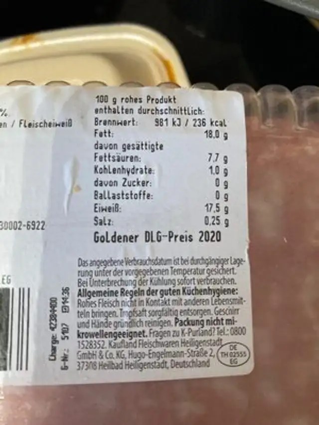 Hackfleisch, gemischt nutrition facts table