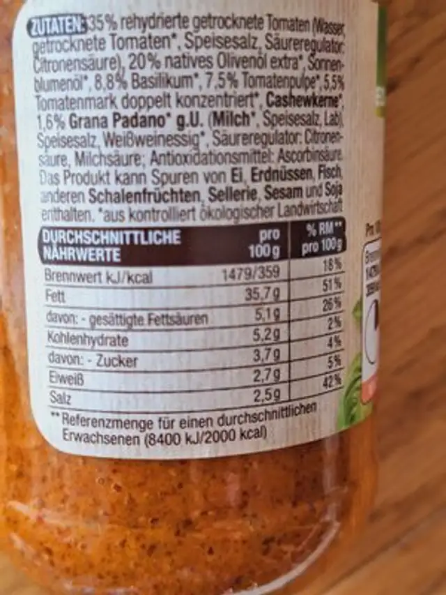Pesto ingredients label