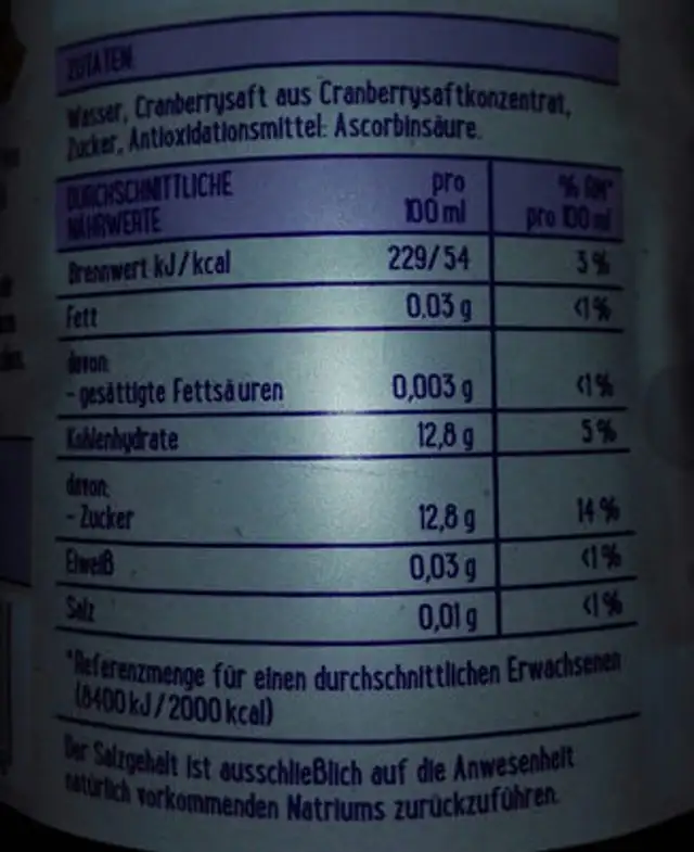 Frucht Liebe Cranberry nutrition facts table