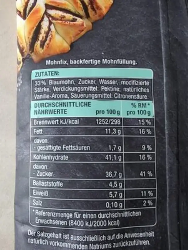 Mohnfix nutrition facts table