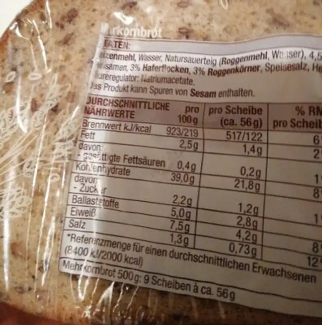 Gut & Günstig nutrition facts table