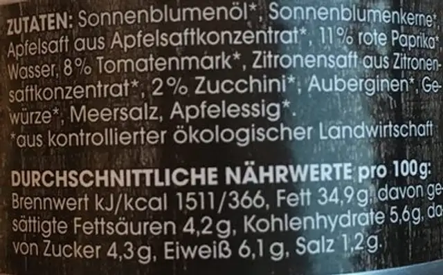 Bio Vegan Gourmetaufstrich ingredients label