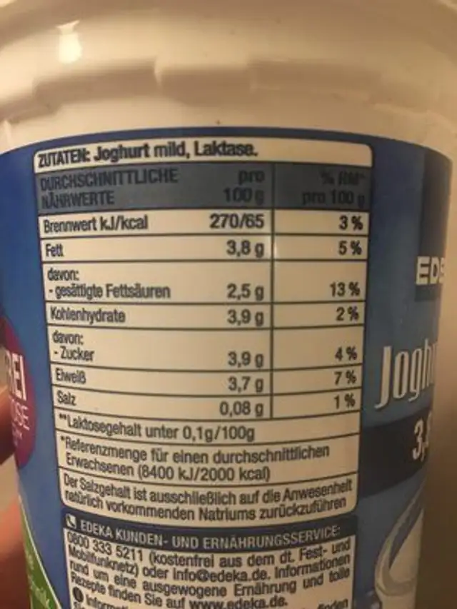 Joghurt 3,8%, laktosefrei nutrition facts table
