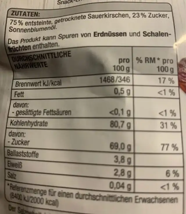 Sauer kirschen nutrition facts table