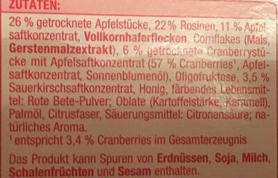 FRUCHT RIEGEL ingredients label