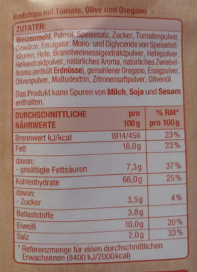 Brot Chips ingredients label