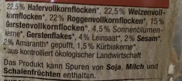 Basic Musli 5 Korn Mix ingredients label