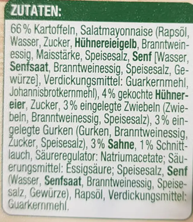 Kartoffelsalat ingredients label