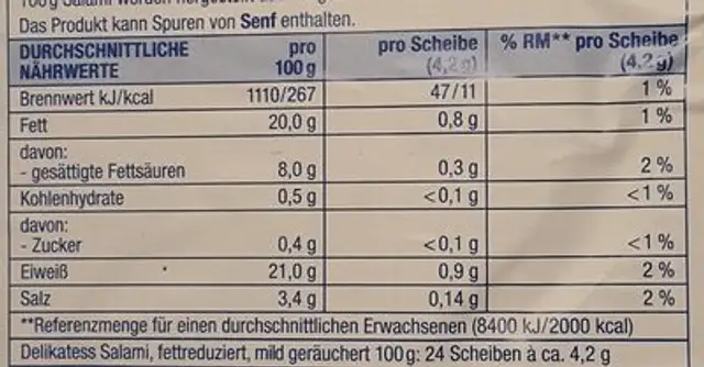 Delikatess Salami fettreduziert nutrition facts table