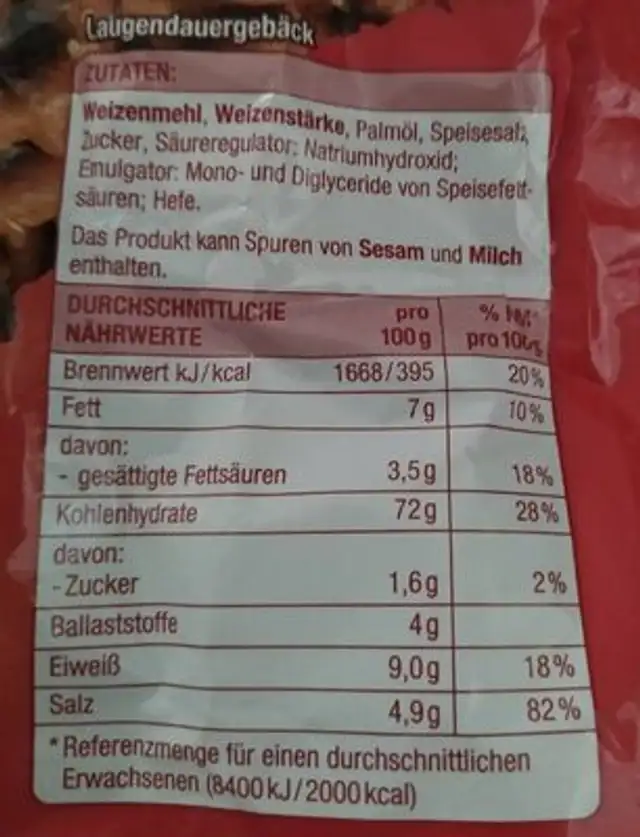 Salz Brezeln nutrition facts table