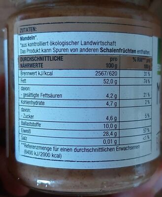 Mandelmus nutrition facts table