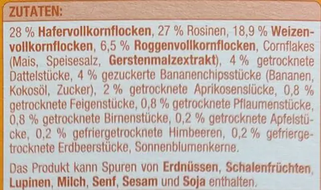 Cereal Time Out Früchte Müsli ingredients label