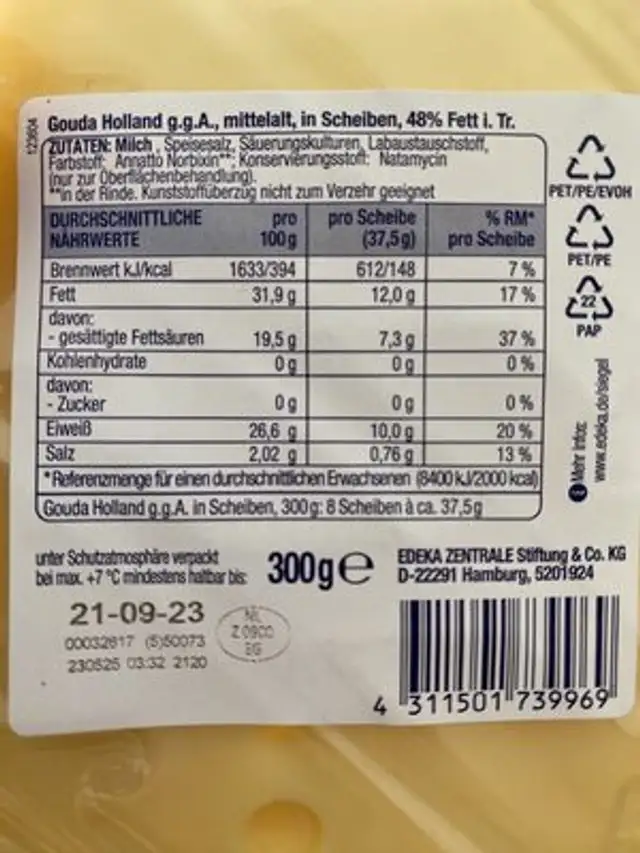 Gouda mittelalt nutrition facts table