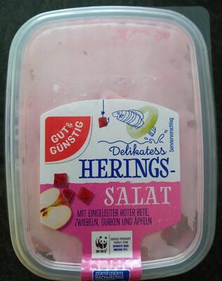 Delikatess Heringssalat mit eingelegter roter Bete, Zwiebeln, Gurken und Äpfeln front packaging