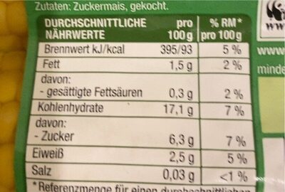 Edeka Bio Zuckermais nutrition facts table