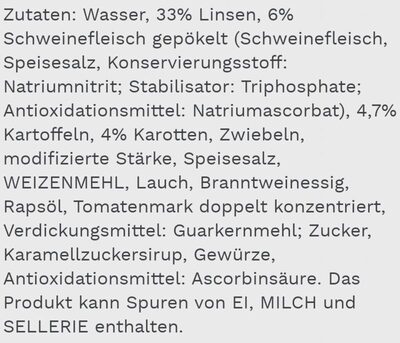 Linsen Eintopf mit Fleisch ingredients label