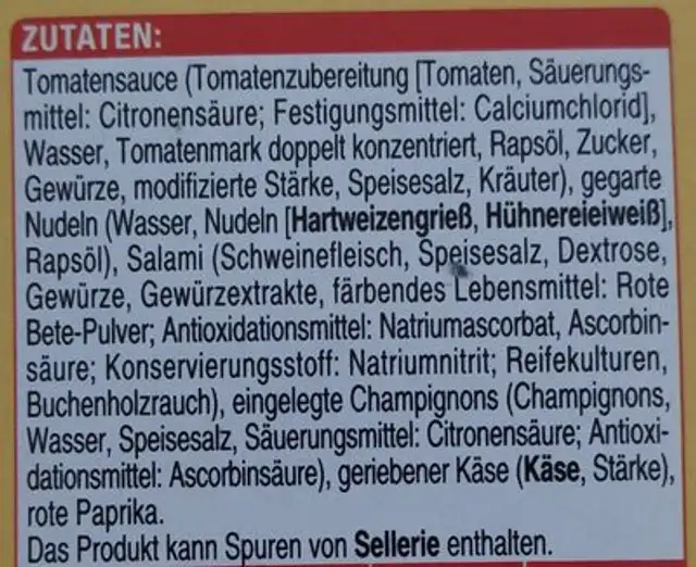 Nudel Auflauf Napoli ingredients label