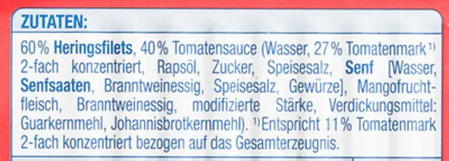 Heringsfilets in Tomatensauce ingredients label