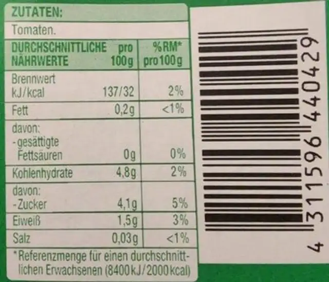 passierte Tomaten nutrition facts table
