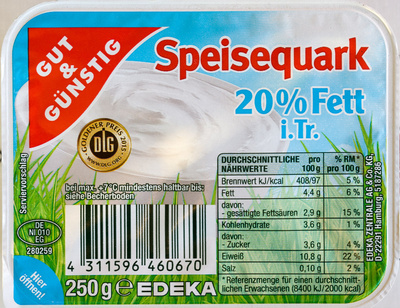 Speisequark 20% Fett i. Tr. front packaging