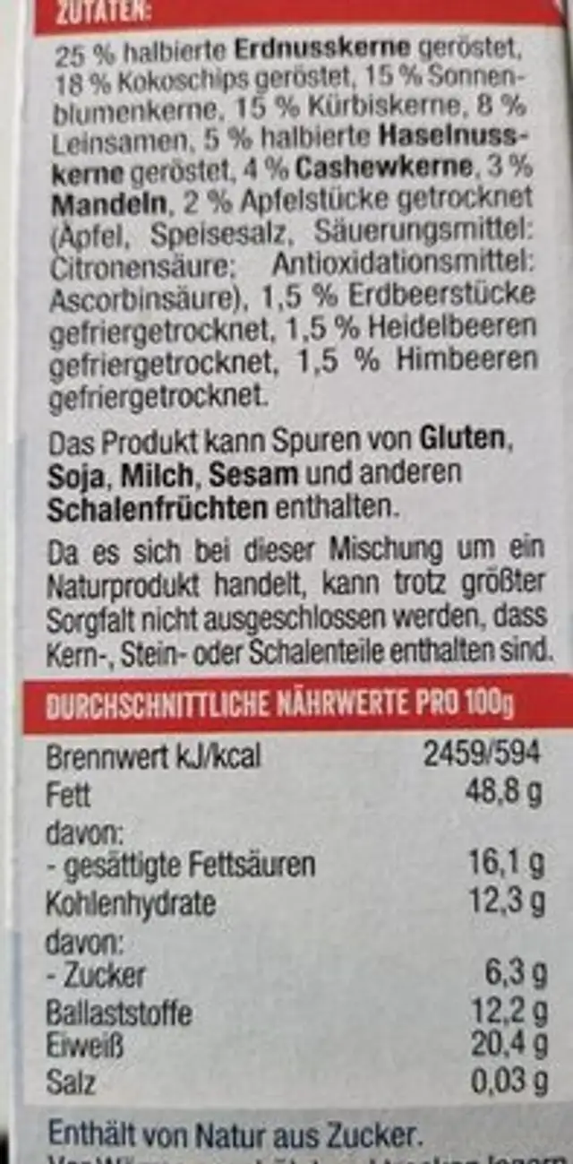 Fruity Paleo Mix - Kokos & Saaten nutrition facts table