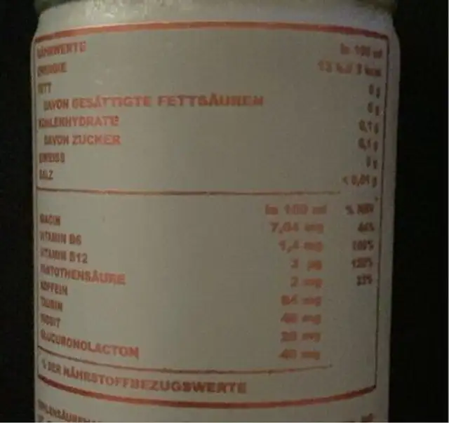 Energy drink nutrition facts table