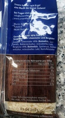 Spätzlekäse nutrition facts table