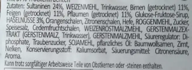 Früchtebrot ingredients label