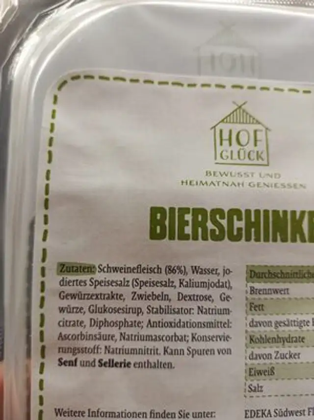 Bierschinken ingredients label