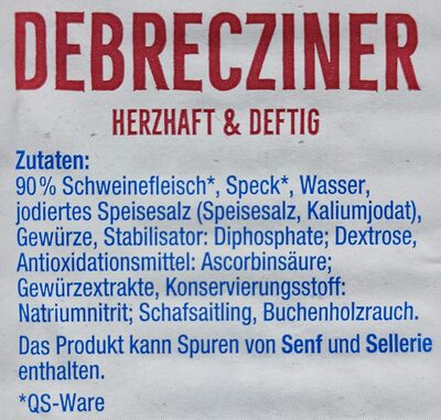 Debrecziner ingredients label