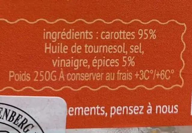 Carotte rapees nutrition facts table