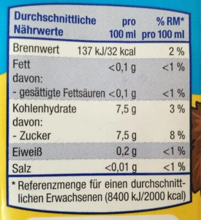 Orangen Drink nutrition facts table